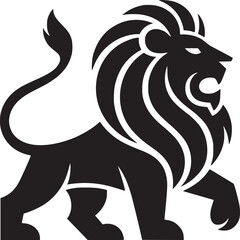 A black and white silhouette of a lion with a thick mane standing on all fours in profile view design