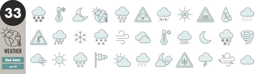 Weather - thin line icons set, light blue fill. Sun, snow, rain, wind, tornado, clouds, climate, temperature, heat, cold, warning, humidity, uv index, hail, thunderstorm, snowfall, vector illustration