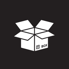A minimalist white open box icon on a solid black background with simple box label design element