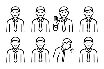 Businessman expressing various emotions and gestures in line art