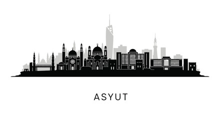 Fototapeta premium Asyut Egypt Skyline with Black Silhouette, and White.