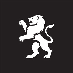 A white heraldic lion rampant on a black background with its mouth open and one paw raised upwards