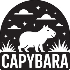 A black and white logo of a capybara under a starry sky with grass and the word capybara below it