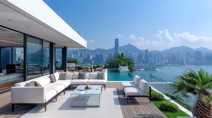 Skyscraper rooftop terrace view - Empty luxury penthouse deck with infinity edge looking over city skyline under perfect blue sky, modern outdoor furniture