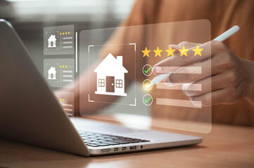 Real estate rating and checklist concept. user reviewing properties on a digital platform, customer...