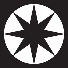 A black and white image featuring an eight pointed star inside of a circle on a black background
