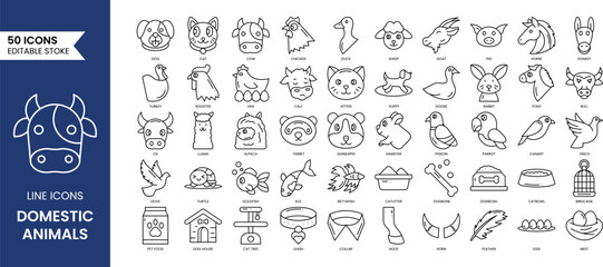Domesticated animals line editable icon set. Vector illustration