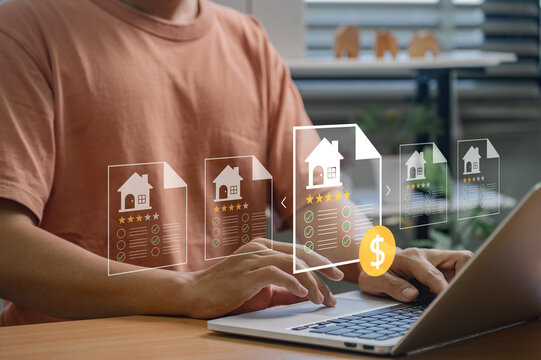 Digital Property Investment Concept Showing Buyer Comparing Home Ratings and Reviews Online with Financial Details, Star Scores, and Valuation Documents for Smart Housing Purchase Decisions