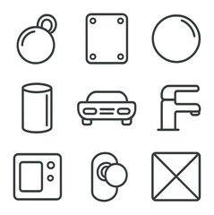 Metallic Icon Set. Outline icon set of metallic and chrome finishes: polished chrome, stainless steel panel, metal sphere,