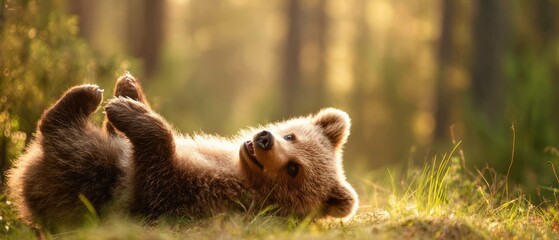 Brown Bear Cub in Golden Forest A Majestic Wildlife Scene