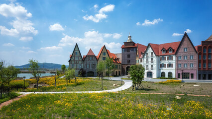 Fototapeta premium Charming European-style Townhouses by a Lake