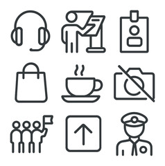 Museum Activity Icons. Outline icon set of museum activities and elements: audio headset,