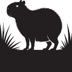 A silhouette of a capybara standing in grass against a white background in a minimalist style