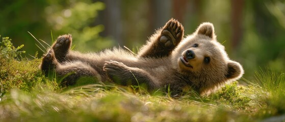Playful Brown Bear Cub in Lush Green Meadow