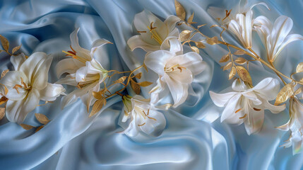 A close-up of elegant white lilies with golden leaves on soft blue silk, showcasing intricate details and textures, illuminated by soft lighting for a luxurious feel.