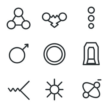 Particle Physics Icons. Outline icon set of particle physics: quark triplet, gluon exchange, lepton family, neutrino icon,