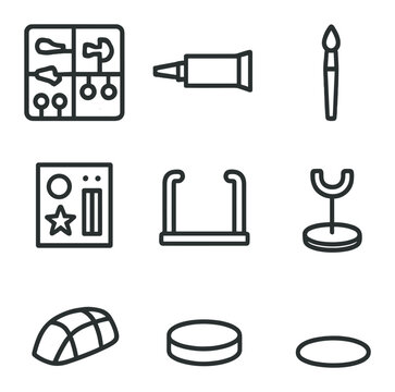 Model Assembly Icons. Outline icon set of toy model assembly: plastic sprue, glue tube, paint brush, decal sheet, cutting knife,