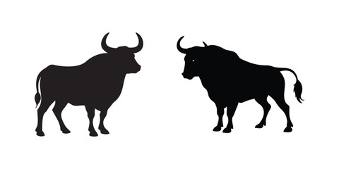  standing bull silhouettes facing each other in strong muscular animal vector design