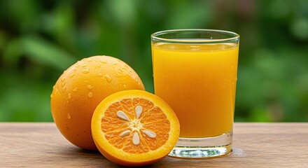 Naklejka premium Fresh Squeezed Orange Juice Glass with Whole and Half Oranges on Wooden Table Natural Scene