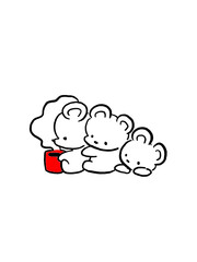 Three sleepy bears snuggling around a red coffee mug, cute line art