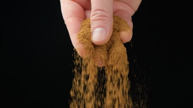 Hand pouring ground cinnamon powder Close-up. aromatic spice texture. Slow motion