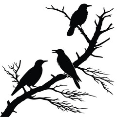 Black silhouette of three birds perched on bare tree branches