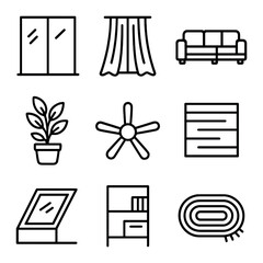 Open Living Space Icons. Outline icon set of open living space elements: floor-to-ceiling window,