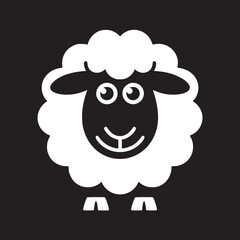 A simple black and white illustration of a sheep with a smiling face and blocky legs on black background