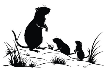 Black silhouette prairie dog family on mound of dirt with grasses