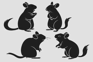 Black silhouette vector illustration of cute chinchillas in different poses