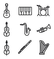 Musical Instruments Icons. Outline icon set of musical instruments: acoustic guitar, piano keyboard, drum set, violin, saxophone,