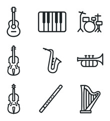 Musical Instruments Icons. Outline icon set of musical instruments: acoustic guitar, piano keyboard, drum set, violin, saxophone,