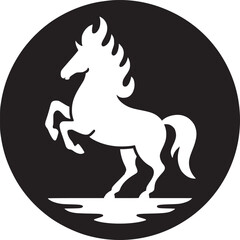 Gradient horse rearing in a black circle with a pink reflection and yellow mane and tail design