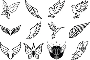 set of black and white wings vector on white background 