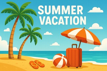 Obraz premium Hello Summer Beach Illustration with Palm Trees