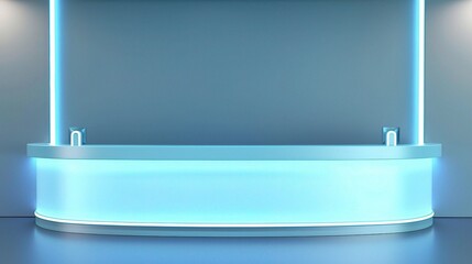 A white and blue reception desk with neon lights, a simple background, light colors.