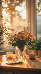 Sunlit Tabletop Still Life Gerbera Daisies Candles and Warm Golden Light