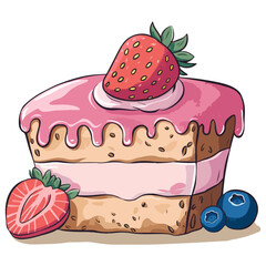 Cream Cake with strawberry vector illustration on white background.