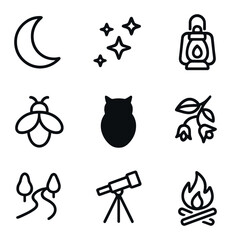 Night Walk Icons. Outline icon set of night sky walk: crescent moon, star cluster, lantern, firefly, owl silhouette, nightshade