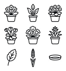 Indoor Plant Icons. Outline icon set of indoor potted blooms: African violet, peace lily, kalanchoe, cyclamen, gloxinia, bromeliad