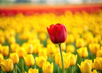 Obraz premium Single Red Tulip in Vast Yellow Field