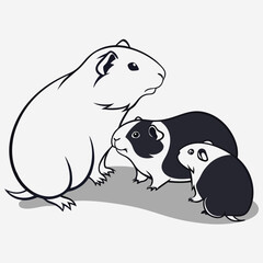 Cartoon illustration of a guinea pig family in black and white style