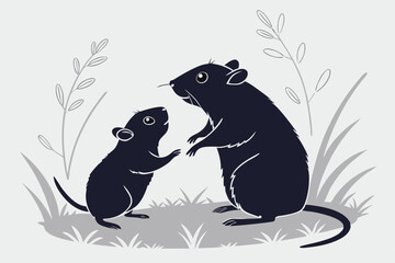 Cartoon rats family illustration with plants in minimalist style on neutral background