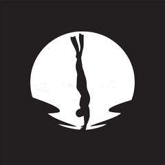 Silhouette of a diver underwater with flippers against a white circle and black background art