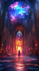 Mystical Cathedral Interior Figure in Robes Cosmic Ceiling Stained Glass Window
