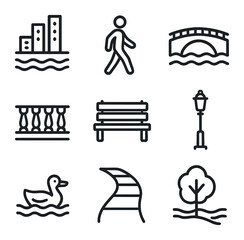 Riverside Walk Icons. Outline icon set of riverside walk: city river, walking person, stone bridge,