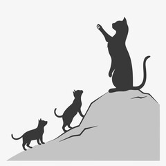 Cats climbing mountain silhouette playful felines reaching the top adventure graphic