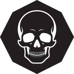 A white skull with teeth inside of a black octagon shape with white trim on a white background