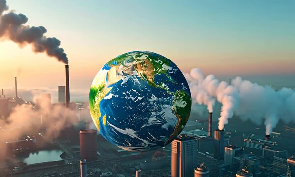 Globe hovers over polluted city
