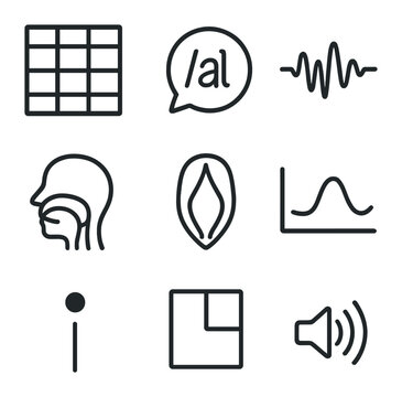 Phonetics Icon Set. Outline icon set of phonetics and phonology: IPA chart cell, phoneme bubble, waveform graph, tongue-placement